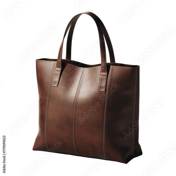 Fototapeta Brown Leather Tote Bag Isolated on Transparent Background Detailed Stitching and Textured Surface