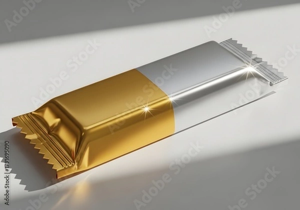 Obraz A golden and silver wrapper for a chocolate bar or snack, isolated on a white background, with soft shadows and highlights