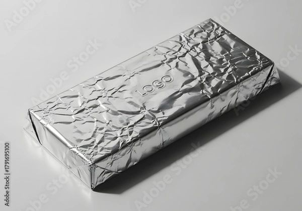 Fototapeta A rectangular bar of chocolate wrapped in crinkled silver foil, casting a soft shadow on a plain white surface