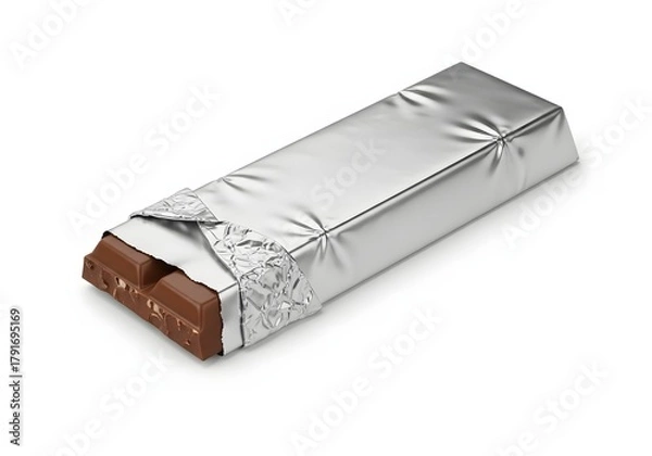 Fototapeta A delicious milk chocolate bar, partially unwrapped, isolated on a white background, showcasing its rich texture and tempting appeal for confectionery and snack advertising