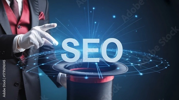 Obraz Magician Reveals SEO Secrets with a Touch of Magic for Your Business Growth, Modern Digital Marketing, Search Engine Optimization Strategy