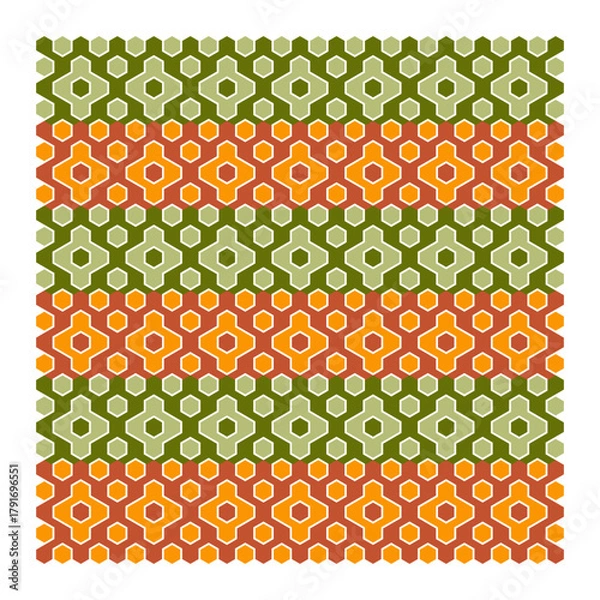 Obraz Seamless Geometric Pattern with Retro Hexagon Motifs in Green and Orange