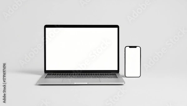 Obraz Minimalist front view of a silver laptop and vertical smartphone standing next to each other, both with blank white screens on a gray background.