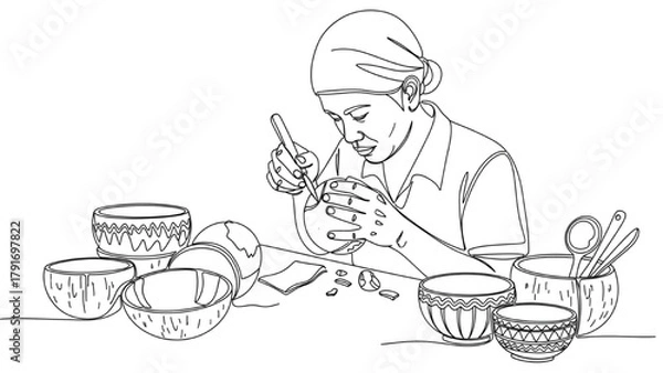 Fototapeta Artisan Carving Decorative Bowls from Coconut Shell — Black Continuous Line Art Showing Craftsmanship 