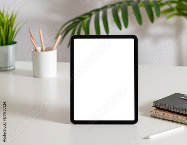 Obraz Blank screen tablet mockup on a bright, minimalist workspace with pencils, notebooks, and plants. Perfect for showing apps or designs.