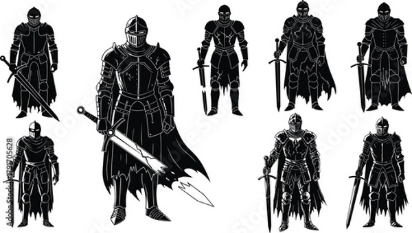 Obraz Dark armored knights with swords, medieval warriors in gothic armor for fantasy games, epic battles, and dark hero designs.