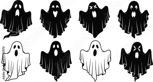 Fototapeta Collection of spooky ghost silhouettes with creepy, funny, and scary faces for Halloween designs, decorations, and horror-themed graphics.