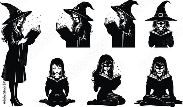 Fototapeta Witch reading a magic book silhouette set, mystical woman casting spells, gothic fantasy witchcraft illustration in black and white.