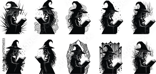 Obraz Silhouette of witch reading a magic book, mystical woman in hat performing spell, gothic fantasy vector illustration collection.