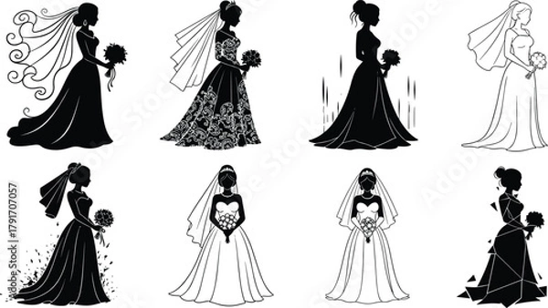 Obraz Elegant bridal silhouette collection featuring modern wedding dresses, veils, and floral bouquets, perfect for invitations, fashion design, and vector art.