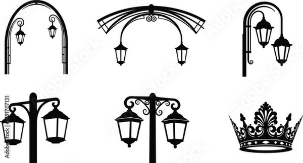 Fototapeta Dual lantern street lamp silhouettes with ornate arches and crown detail, decorative urban lighting vector set for architecture and city design