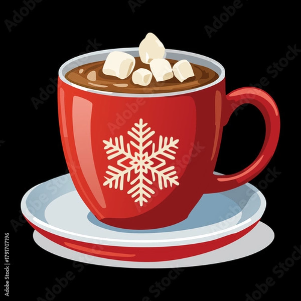 Obraz Steaming hot chocolate in a red ceramic cup with fluffy marshmallows and snowflake art resting on a matching saucer - Vector Illustration