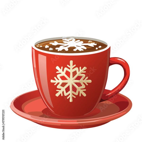 Obraz Delicious warm red cup of cocoa hot chocolate with a snowflake design served on a saucer a delightful winter holiday treat - Vector Illustration