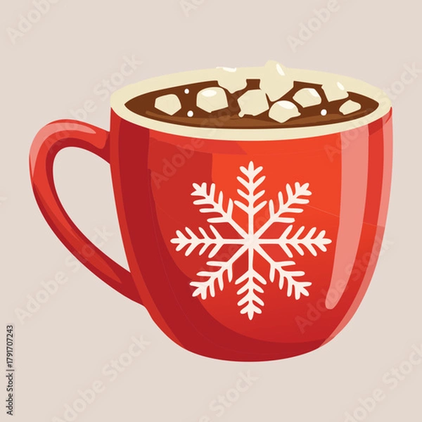 Obraz Cozy red mug of hot chocolate cocoa with melting marshmallows and snowflake decoration a perfect winter comfort beverage - Vector Illustration
