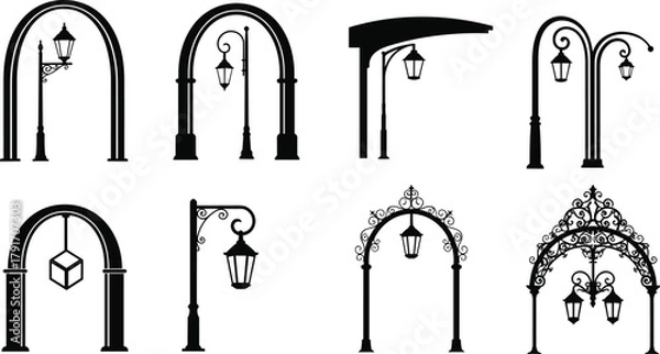 Fototapeta Ornate street lamp and archway silhouettes, decorative urban lighting vector set for architecture, city infrastructure, signage, and outdoor design themes