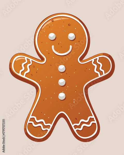 Obraz Adorable baked gingerbread man cookie with white icing details and buttons a popular christmas holiday confectionery delight - Vector Illustration