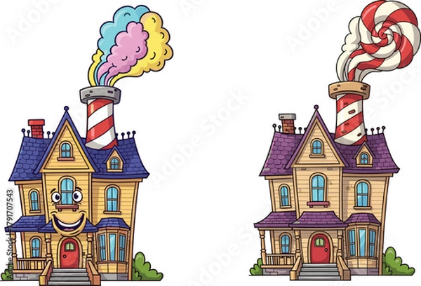 Fototapeta Whimsical candy houses with colorful smoke, vector illustration of cheerful and surreal gingerbread homes with expressive and festive features