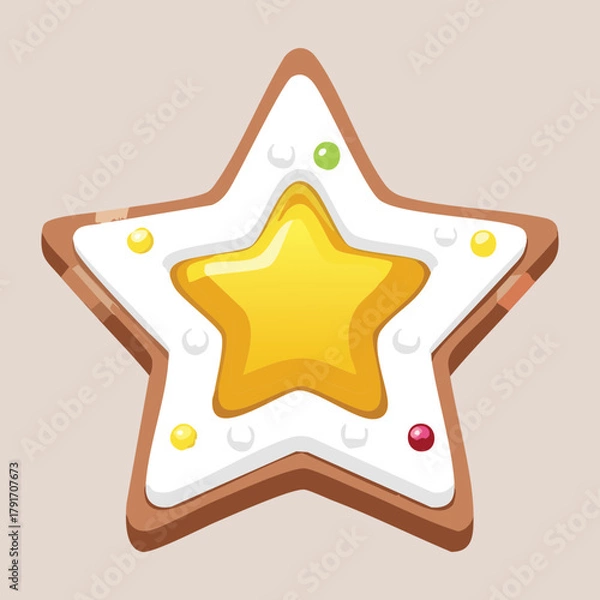 Obraz Festive star-shaped sugar cookie decorated with bright white and yellow icing and colorful sprinkles a cheerful holiday treat - Vector Illustration