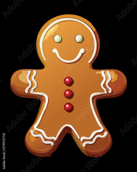 Obraz Joyful baked gingerbread man cookie with a big happy smile and minimal white icing for a classic christmas dessert motif - Vector Illustration