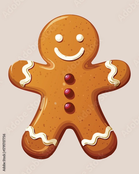 Obraz Cute little gingerbread man cookie with simple icing smile and button decorations a delightful christmas season baked treat - Vector Illustration