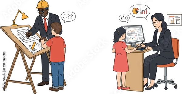 Obraz Professionals mentoring children, vector illustration of career education with architect and analyst explaining tasks in workplace learning scenes