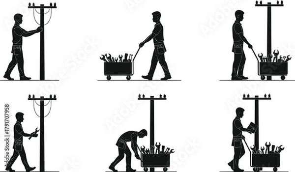 Fototapeta Silhouettes of utility worker with tool cart, vector illustration of electrical pole maintenance and repair workflow in field service scenes