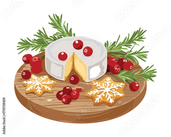 Obraz Elegant Christmas charcuterie board with brie cheese, red cranberries, sugared rosemary, and decorated ginger star cookies - Vector Illustration