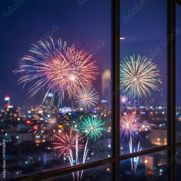 Fototapeta A spectacular, colorful fireworks display erupting over a city skyline at night, viewed from the inside through a large, clear window.