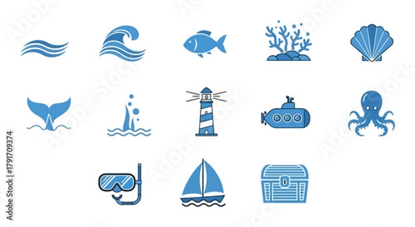 Fototapeta Ocean themed vector icons set featuring sea life waves lighthouse and nautical elements design illustration
