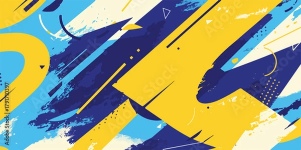 Obraz 抽象的な幾何学模様の背景、青と黄色のアートデザイン、ダイナミックなブラシストロークと線