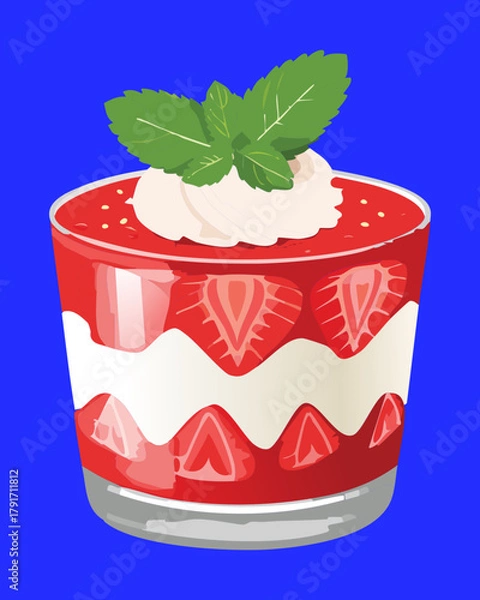 Obraz Layered strawberry and cream parfait dessert in a glass bowl, garnished with fresh mint leaves and a whole strawberry - Vector Illustration