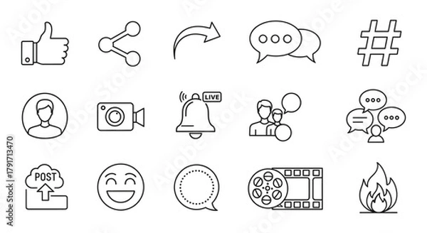 Fototapeta Social media marketing icons vector set like share comment live post and more line art