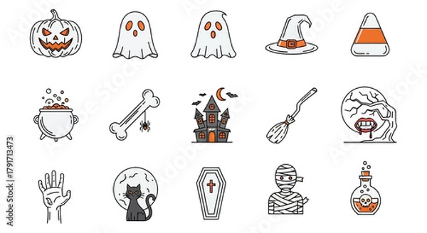 Fototapeta Halloween vector icons set spooky pumpkin ghost witch hat and haunted house design elements