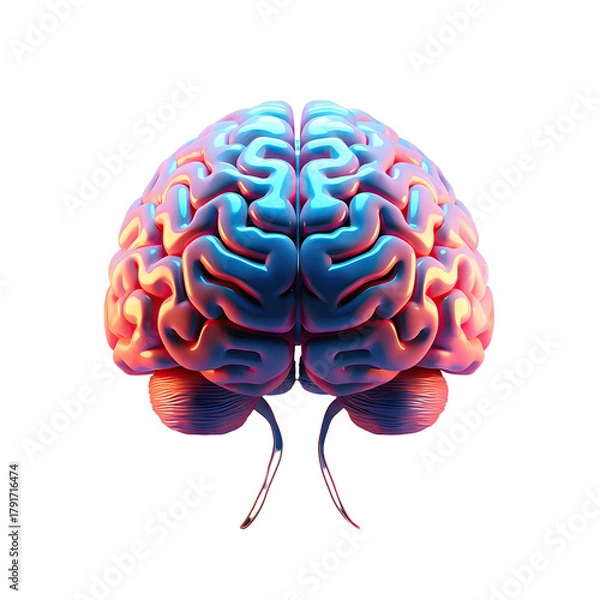 Obraz Detailed anatomical 3D model of a human brain with vibrant blue and pink neon lighting against a stark black background showcasing intricate neural pathways and cerebral structures perfect for