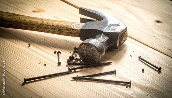 Fototapeta A hammer and scattered nails resting on a light wooden surface, hinting at construction or repair