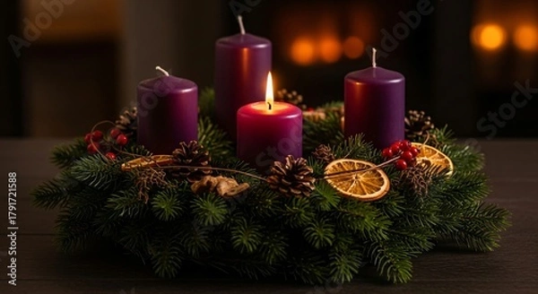 Fototapeta Traditional Advent Wreath With Purple Candles Celebrating The First Sunday Of Advent
