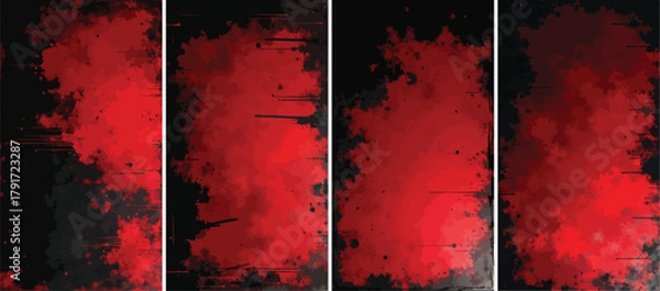 Obraz Set of abstract grunge texture background in blood red and black, featuring explosive ink splatters, distressed edges, and smoky haze effects — vector panel collection