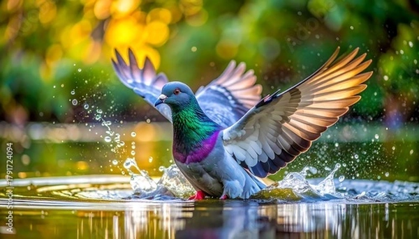 Obraz A pigeon splashes and takes flight from water, backlit, with iridescent neck feathers