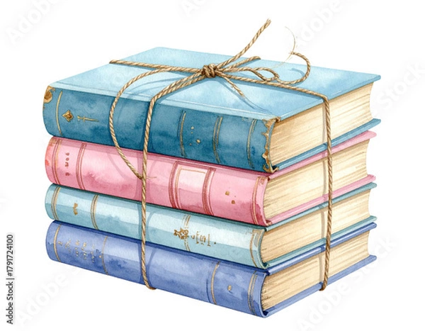 Obraz Stack of pastel books tied with twine, watercolor style, against a black backdrop
