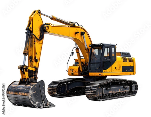 Fototapeta Bright yellow excavator with tracks and bucket, isolated against a black background