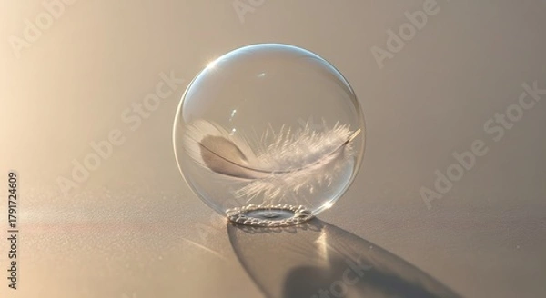 Fototapeta Clear glass sphere containing a single white feather rests on a smooth, reflective surface with warm side lighting.