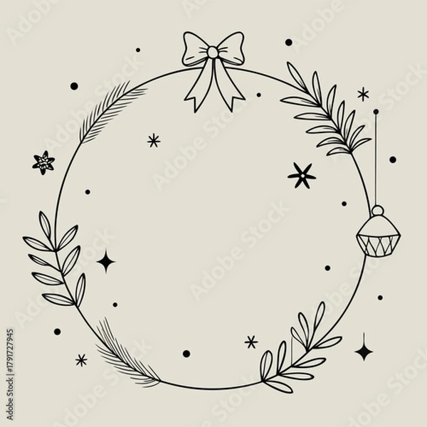 Fototapeta Elegant Christmas wreath with bow and ornaments minimalist line art vector illustration perfect for holiday cards and invitations