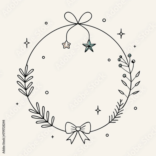 Fototapeta Hand-drawn Christmas wreath with stars and bows simple line art vector illustration perfect for holiday cards and decorations