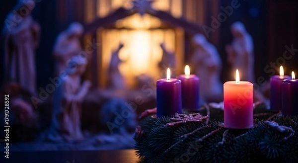 Fototapeta Advent Sunday Nativity Scene with Glowing Candles & Wreath Celebrating Christmas Hope