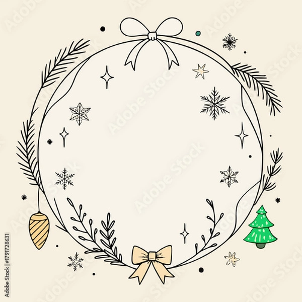 Fototapeta Hand-drawn Christmas wreath with ornaments a festive vector illustration for holiday cards and seasonal designs isolated on a light background