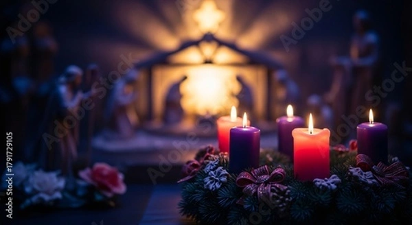 Fototapeta Advent Sunday Nativity Scene With Glowing Candles & Wreath Celebrating Christmas Tradition
