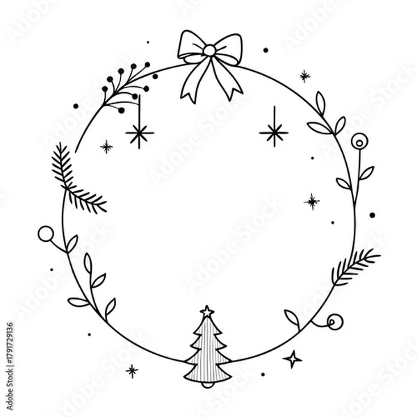 Fototapeta Minimalist Christmas wreath with bow stars and tree simple line art vector illustration for holiday design isolated on white background