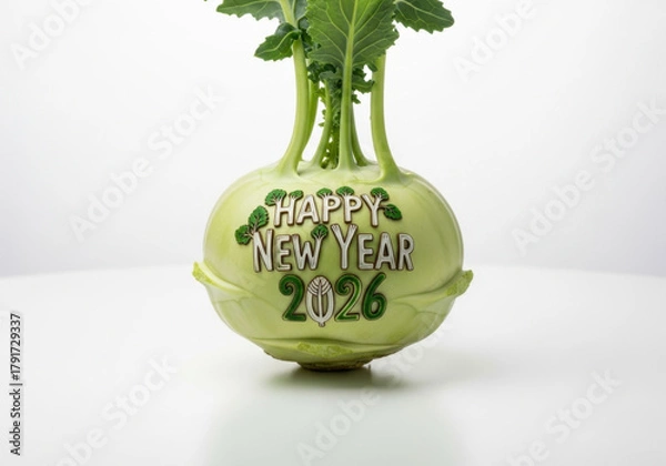 Obraz Fresh New Year: Kohlrabi Greetings for 2026 on Round Green Cabbage Turnip