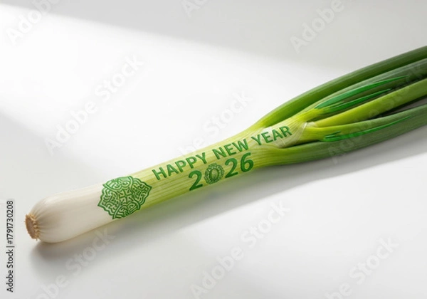 Obraz Fresh Spring Onion Wishing Happy New Year 2026: Culinary Festive Greetings on White Backdrop, Healthy Cooking Celebration