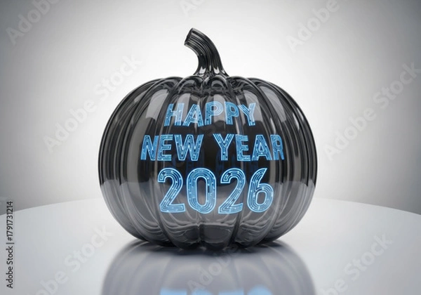 Obraz Futuristic New Year 2026: Dark Glass Pumpkin with Glowing Blue Text on Table